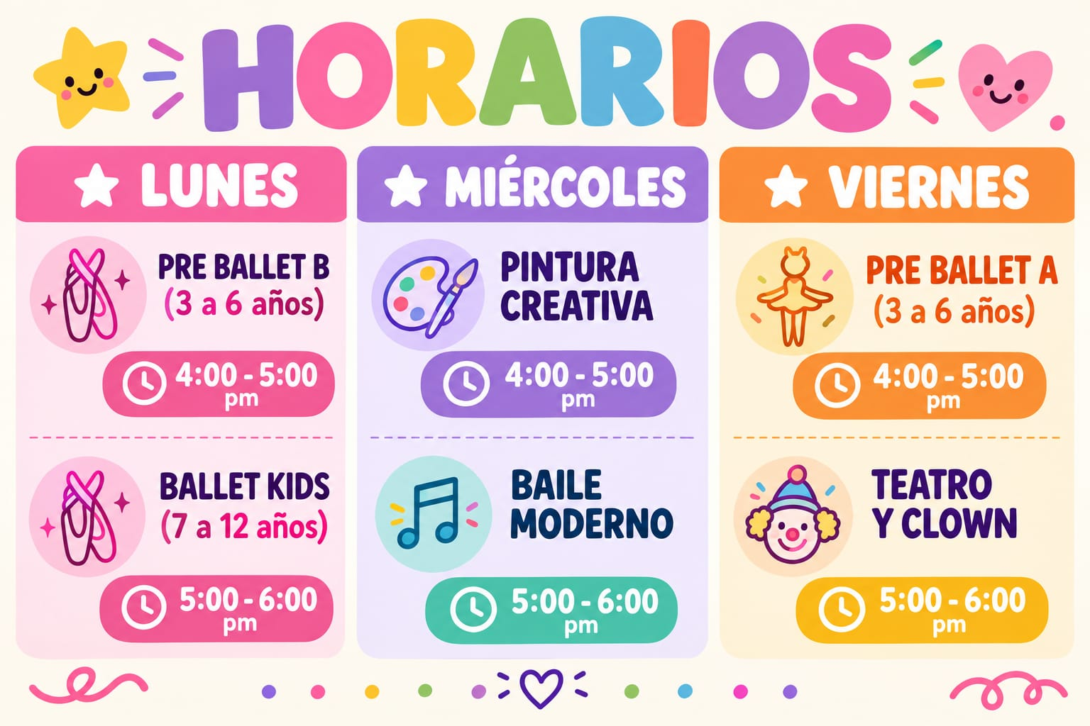 Horario semanal de talleres de Ven Te Cuento